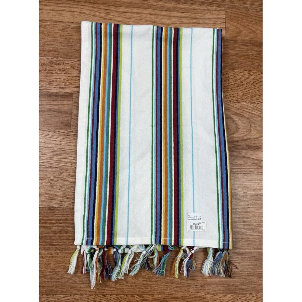 Pottery Barn Kitchen‎ Tea Dish Towel Striped Fringe Edge White Cotton 20x30 NEW